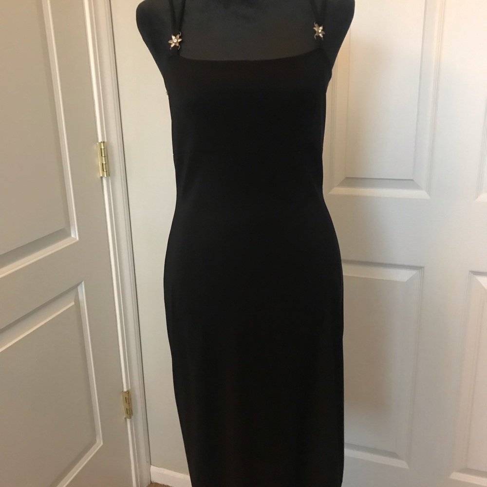 Black Spandex Body Fitted Party Dress, Size M. Crystal Flower Strap adjusters.